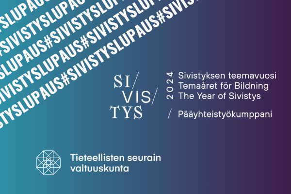 Temaårets och VSD:s logon på blålila bakgrund. Vit text #sivistyslupaus.